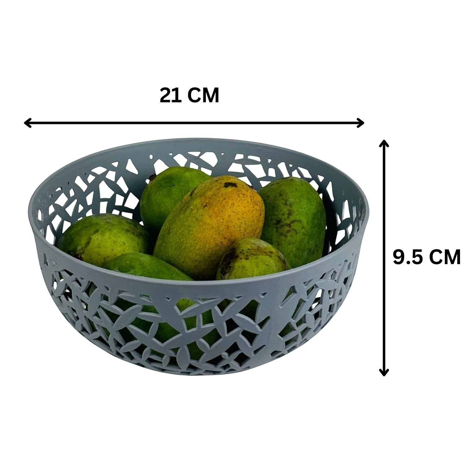 Go Hooked light grey plastic fruit basket with decorative cutouts, 21cm diameter, 9.5cm height.