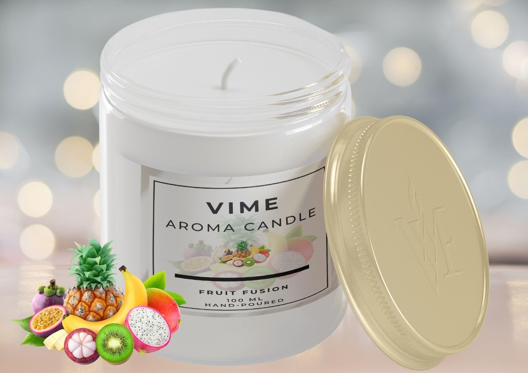 GoHooked ViMe Fruit Fusion aroma candle in a white jar with a gold lid. Features tropical fruits like pineapple, mango, and passionfruit.