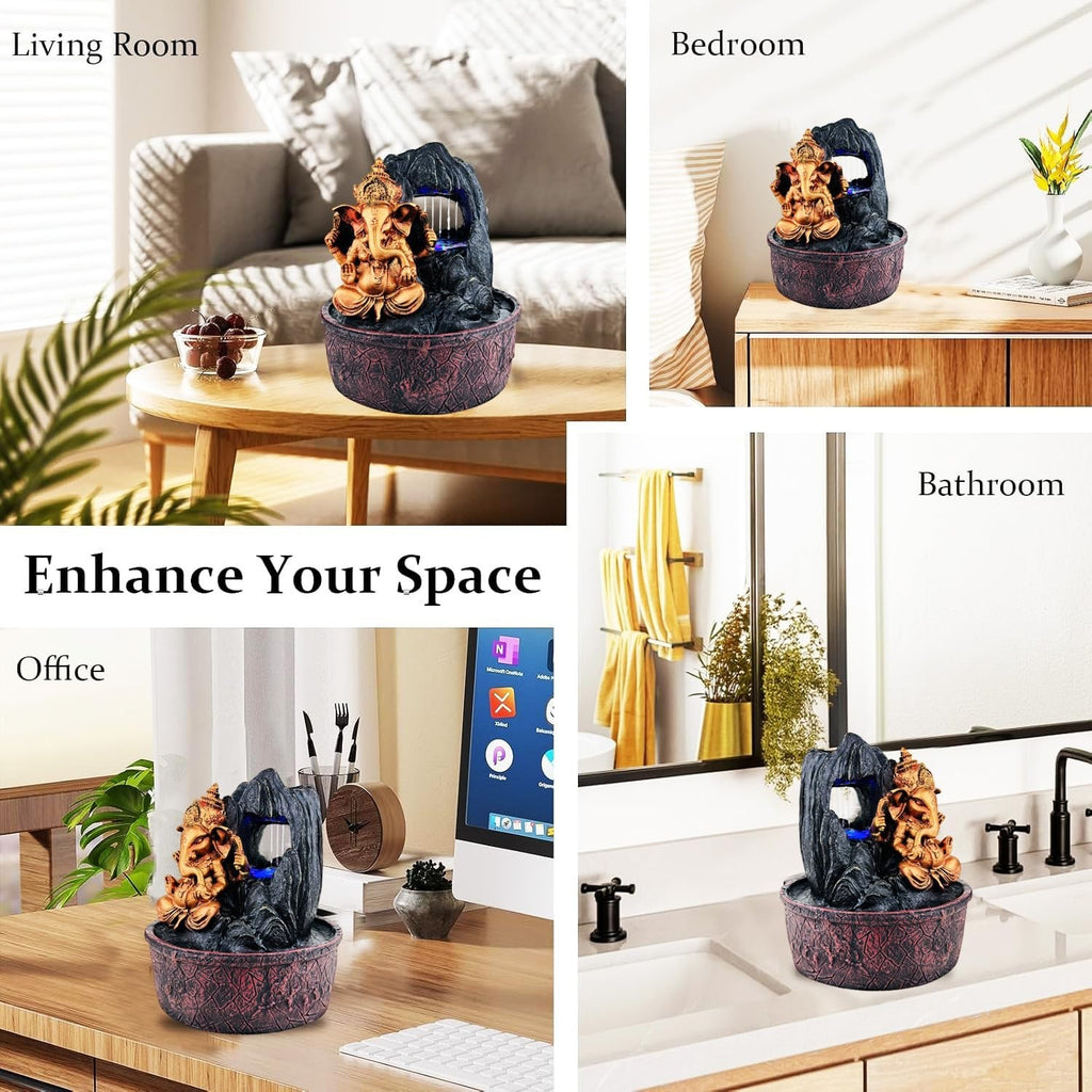 GoHooked Lord Ganesha polyresin tabletop fountain with LED lights and adjustable water flow. Ideal for Pooja room, meditation, home & office decor.