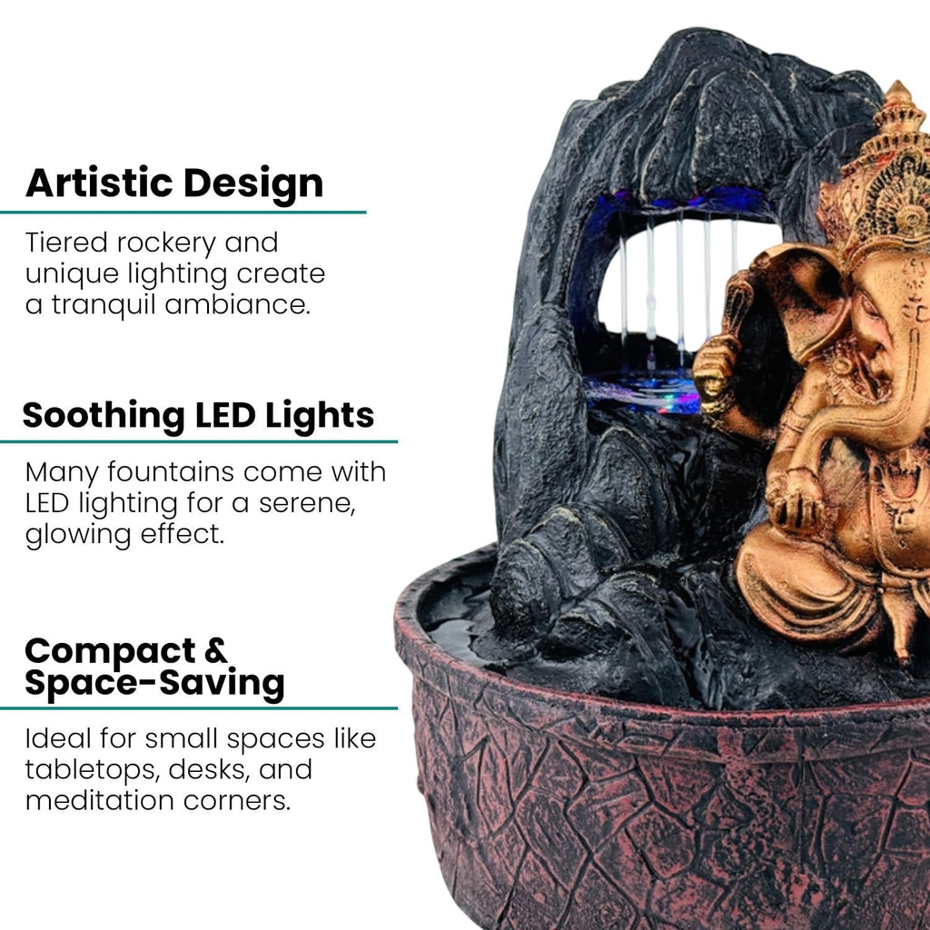 GoHooked Lord Ganesha polyresin tabletop fountain with LED lights and adjustable water flow, featuring tiered rockery and a golden Ganesha statue.