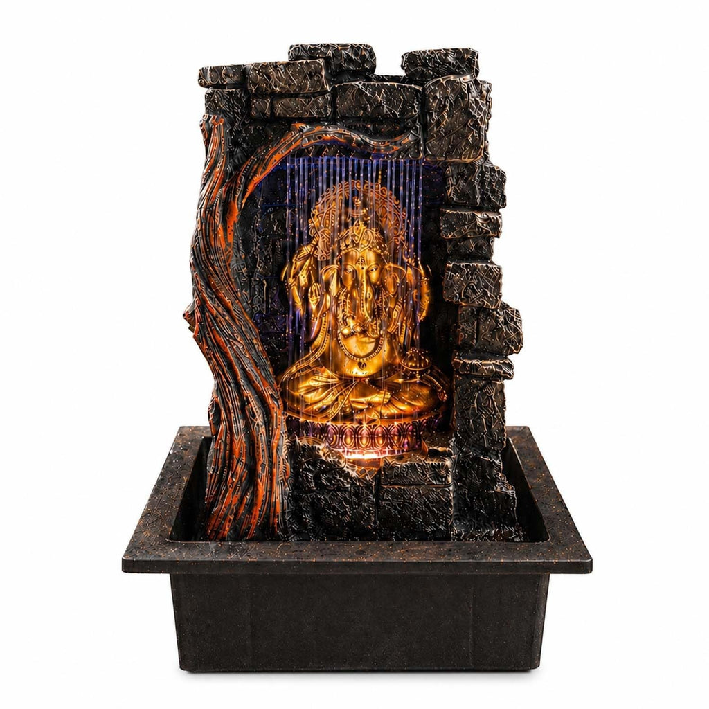 Go Hooked multicolour polyresin Ganesha fountain with LED light and water cascade, textured stone and tree design.