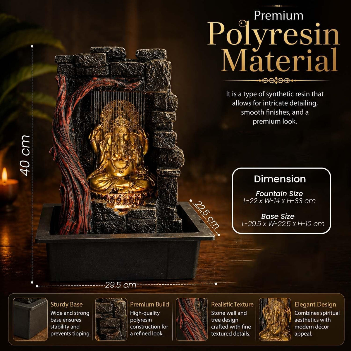 GoHooked multicolour polyresin Ganesha water fountain with LED light and pump, 40cm tall, for home decor.