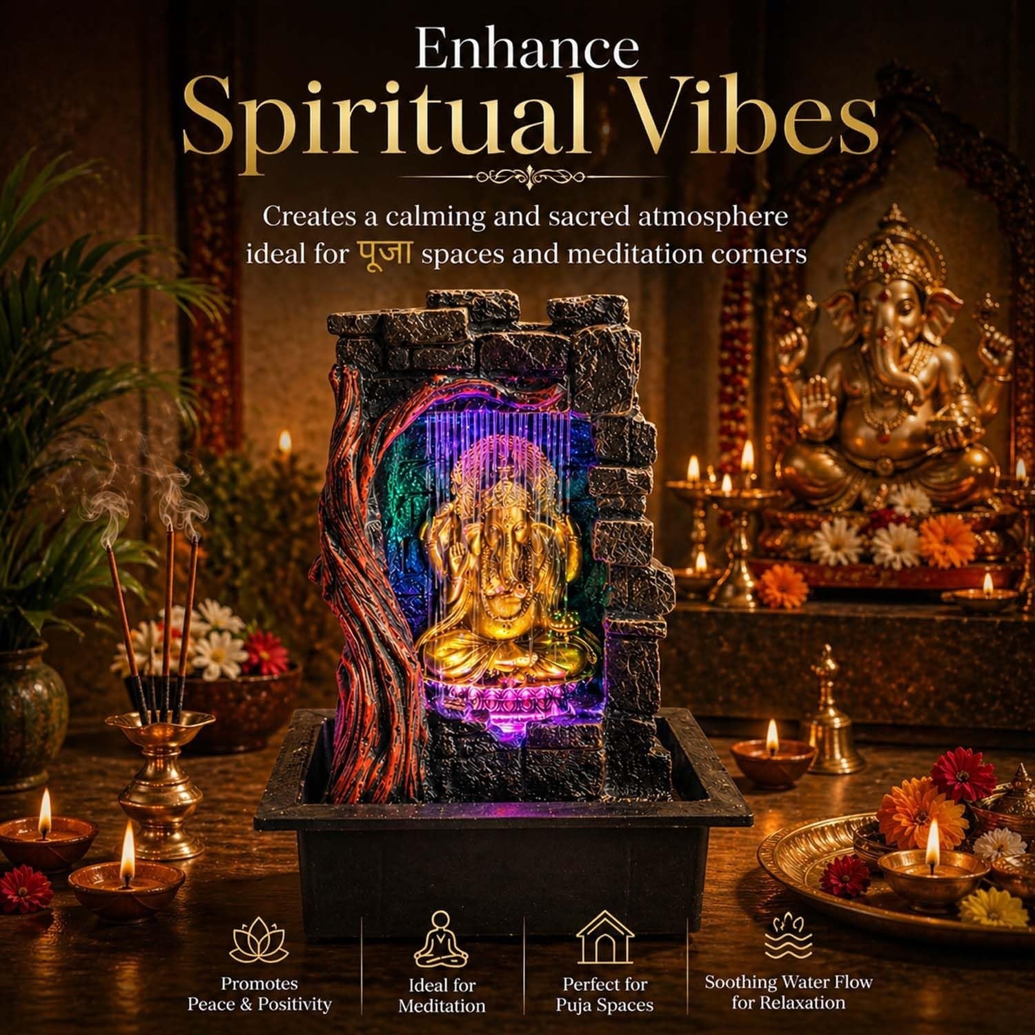 GoHooked multicolour polyresin tabletop fountain with a golden Lord Ganesha idol, LED lights, and water cascade. Ideal for home decor.
