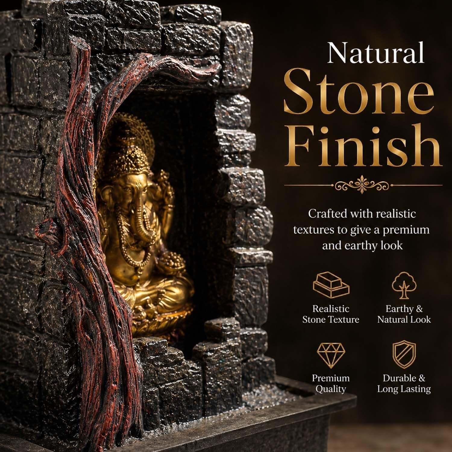 GoHooked multicolour polyresin Lord Ganesha water fountain with LED light and pump, natural stone finish.
