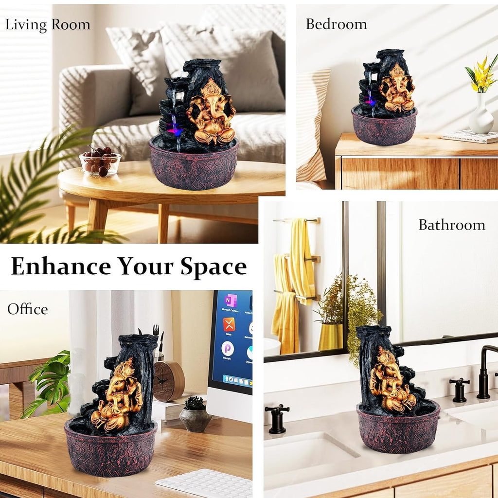 GoHooked Lord Ganesha polyresin tabletop fountain with LED lights and adjustable water flow, ideal for meditation and home decor.