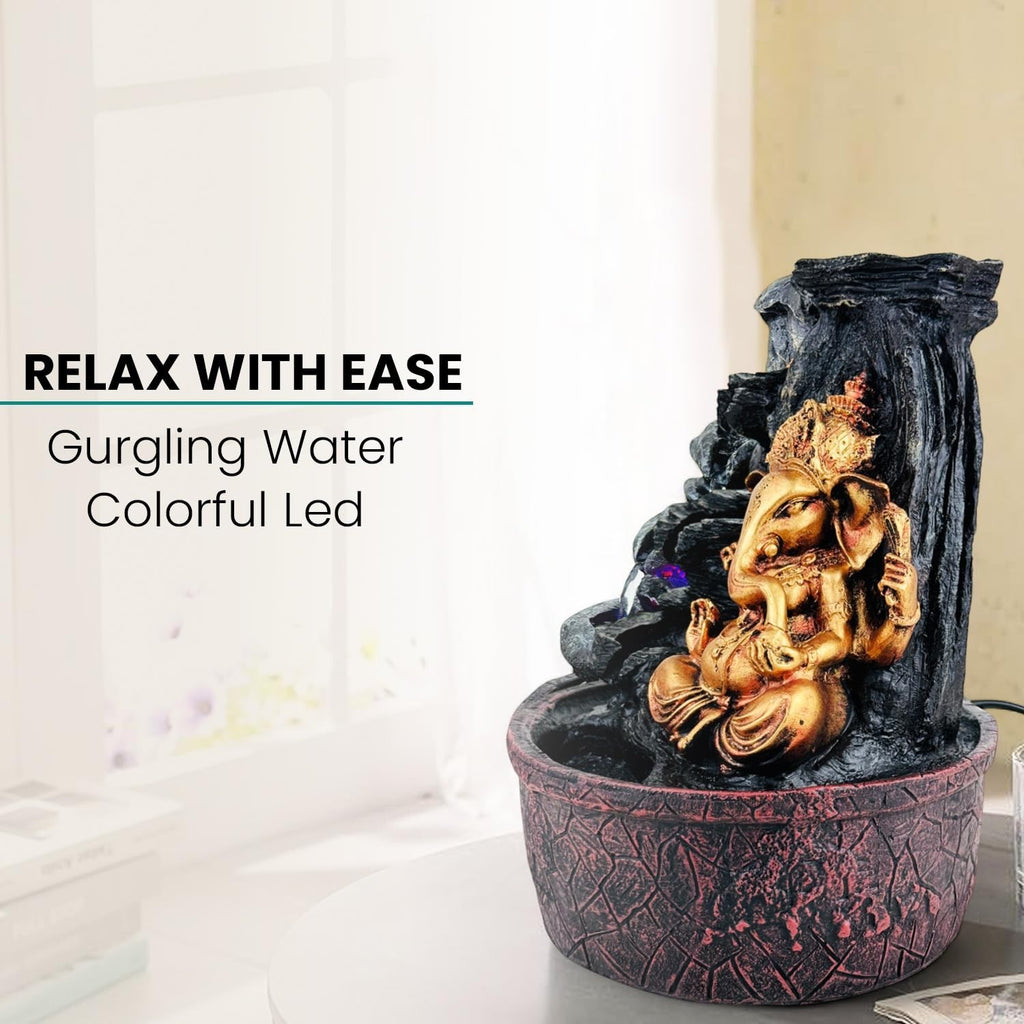 GoHooked Lord Ganesha polyresin tabletop fountain with adjustable water flow and colorful LED lights for stress relief and positive energy.