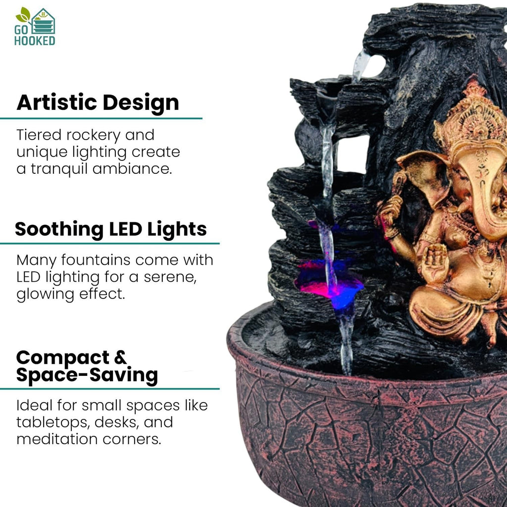GoHooked Lord Ganesha polyresin tabletop fountain with tiered rockery, LED lights and adjustable water flow.