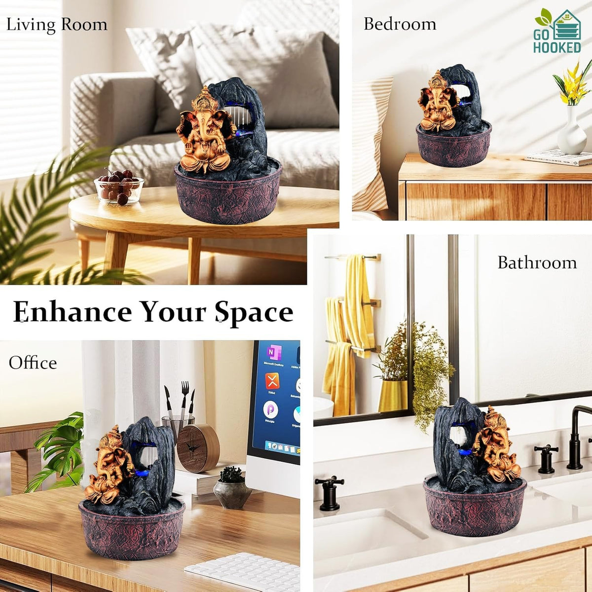 Go Hooked Lord Ganesha polyresin tabletop fountain with LED lights and adjustable water flow. Bronze and dark grey.