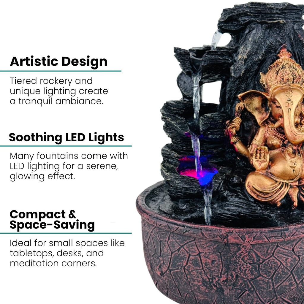 GoHooked Lord Ganesha polyresin tabletop fountain with tiered rockery, LED lights, and adjustable water flow.