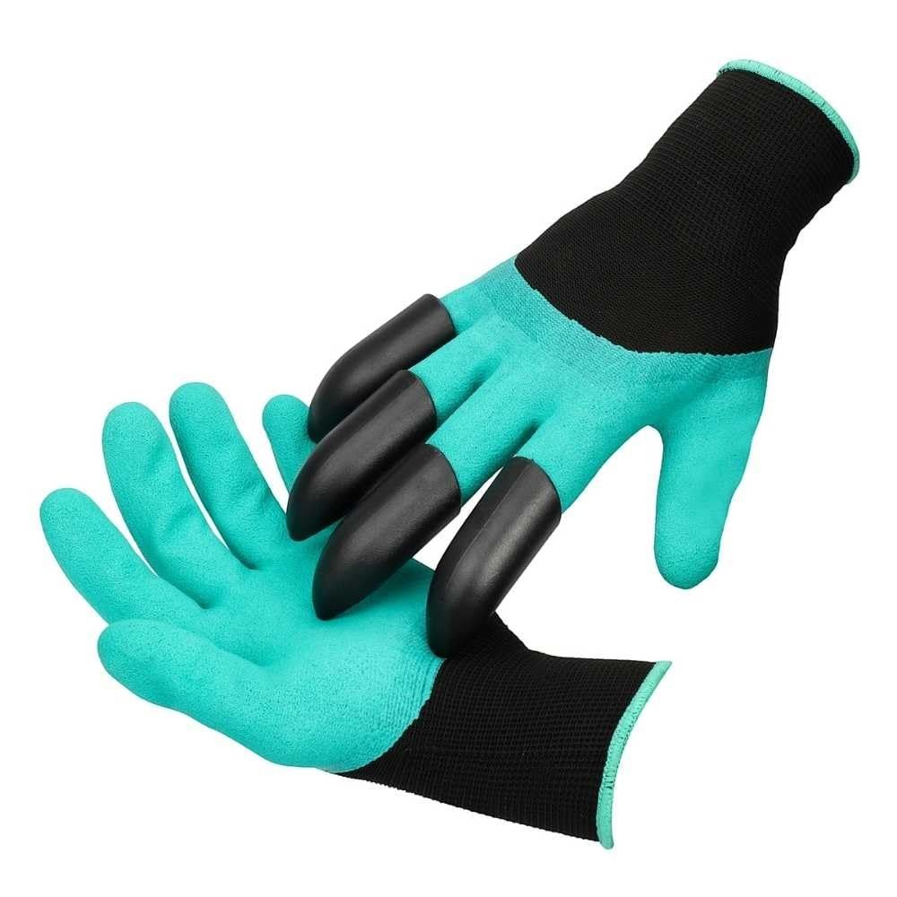 GoHooked turquoise and black garden gloves with built-in finger claws for digging and planting.