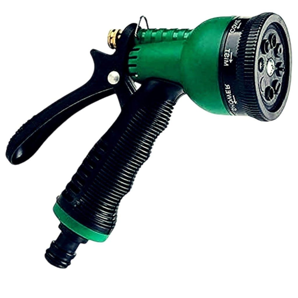 GoHooked green garden hose sprayer with 7 spray patterns and ergonomic grip for car washing and garden watering.