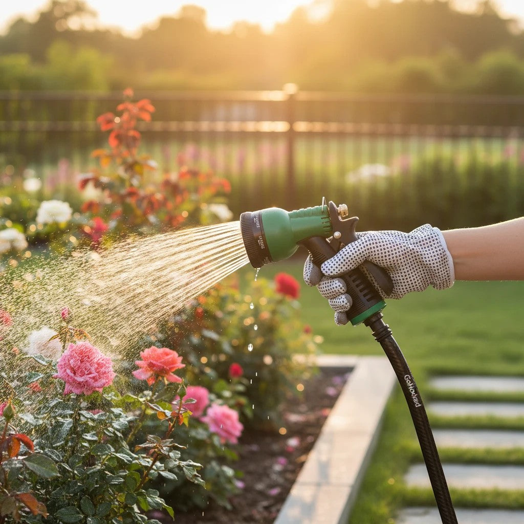 GoHooked green 7-pattern garden hose sprayer watering pink roses in a garden at sunset.