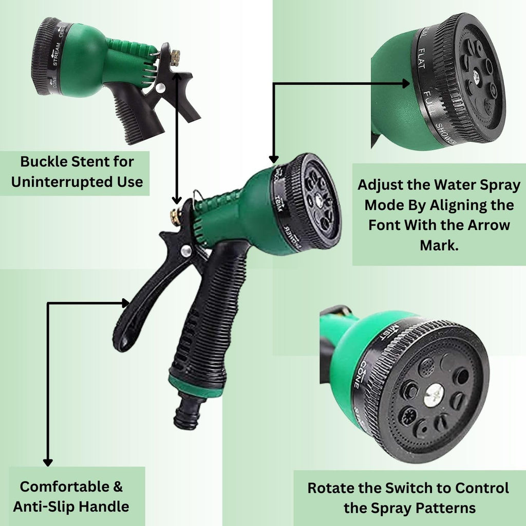 GoHooked green garden hose sprayer with 7 spray patterns and anti-slip handle for car washing and garden watering.