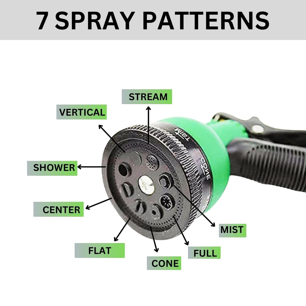 GoHooked green garden hose sprayer nozzle with 7 spray patterns: Mist, Center, Full, Flat, Cone, Jet, Shower.