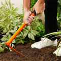GoHooked orange steel garden pickaxe and hand hoe with prongs for tilling and weeding in soil.