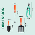 GoHooked 5-piece metal garden tool set with orange soft-grip handles: trowel, fork, weeder, transplanter, and pruner.