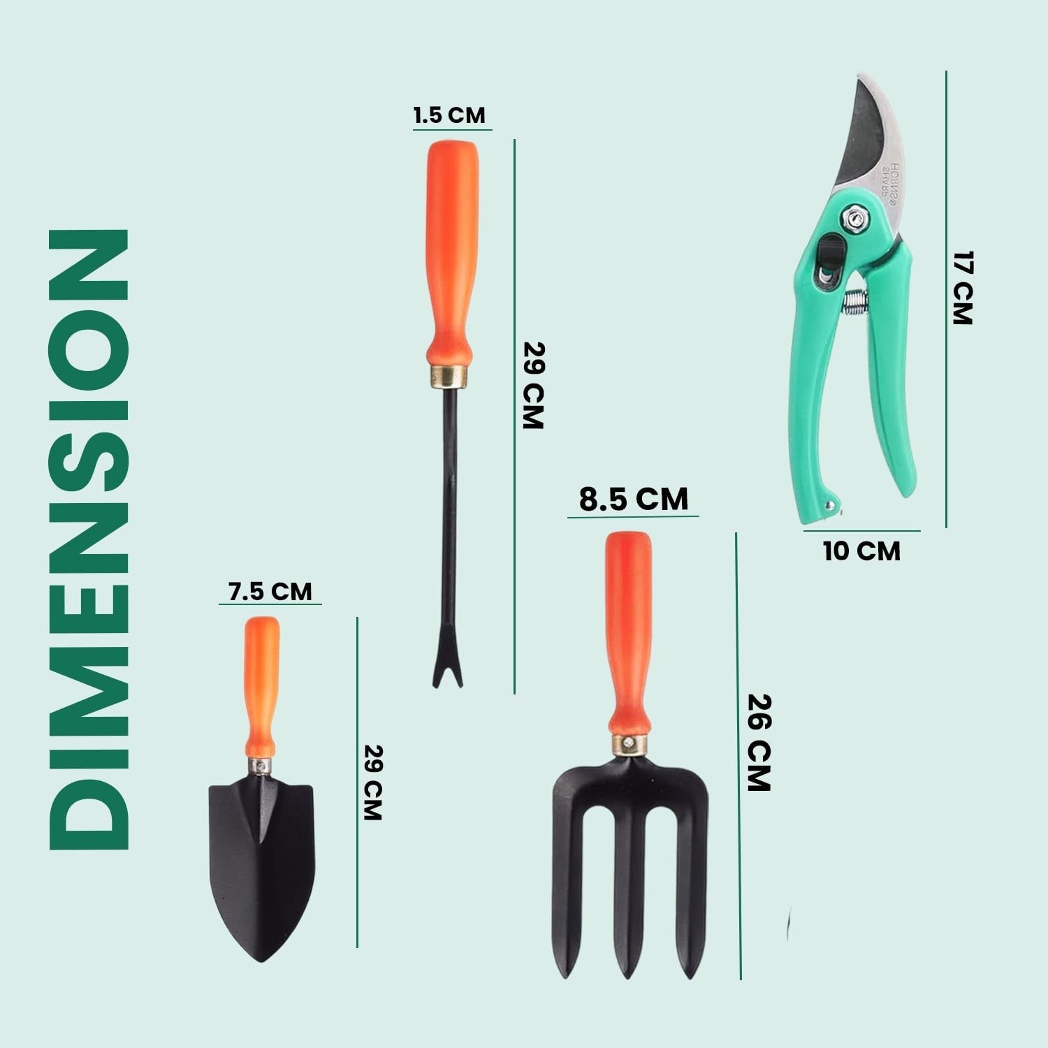 GoHooked 5-piece metal garden tool set with orange soft-grip handles: trowel, fork, weeder, transplanter, and pruner.