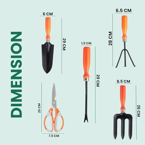 GoHooked 6-piece garden tool set with orange ergonomic handles: trowel, cultivator, transplanter, weeder, scissors, and fork.