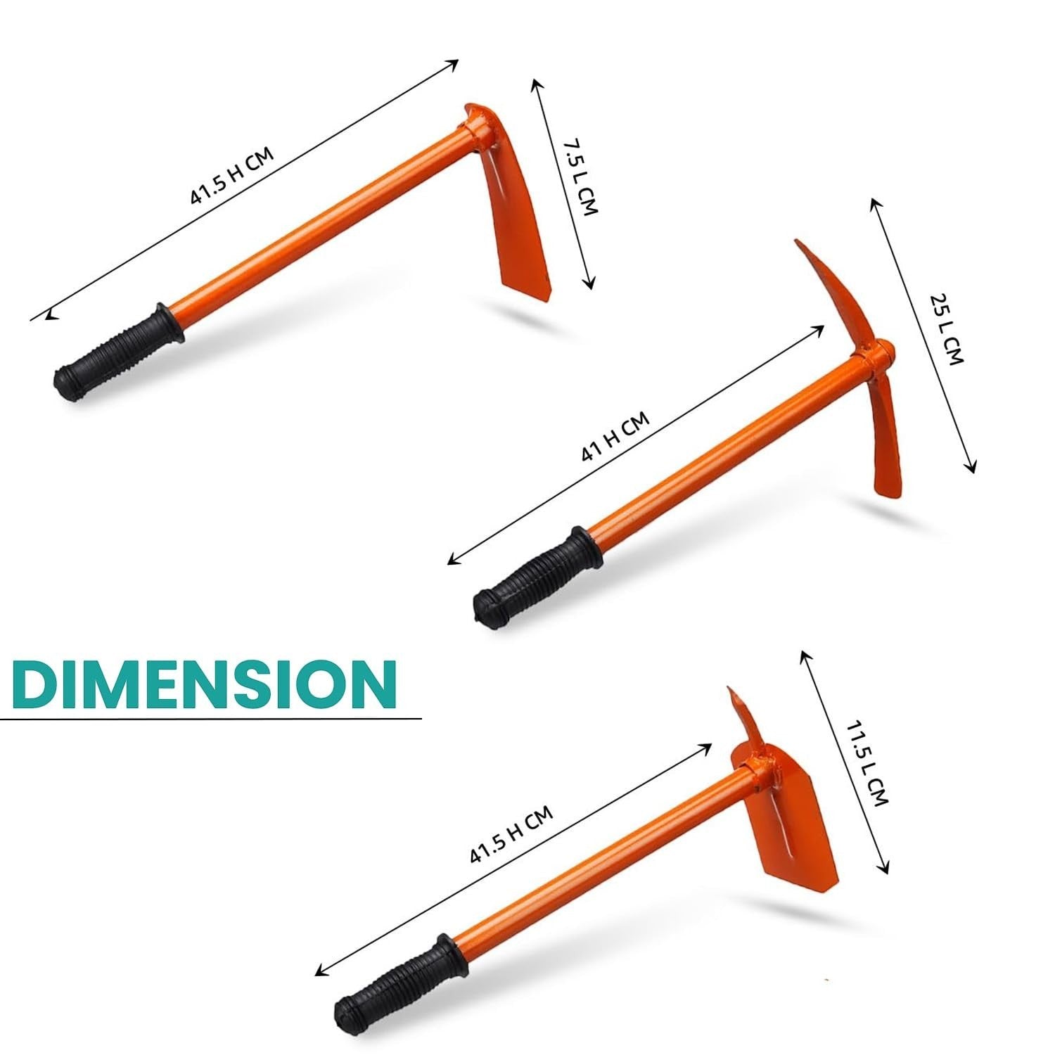 GoHooked orange steel garden pickaxe and two hand hoes with black grips, essential durable gardening tools.
