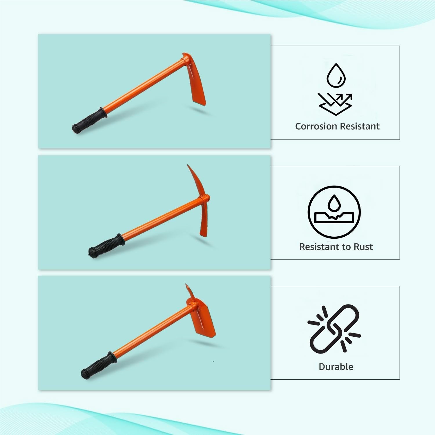 GoHooked orange steel garden pickaxe and hand hoes with black grips, corrosion and rust resistant, durable.