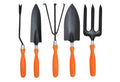 GoHooked 7-piece garden tool set with black metal heads and orange handles: trowel, cultivator, fork, shovel, and weeder.
