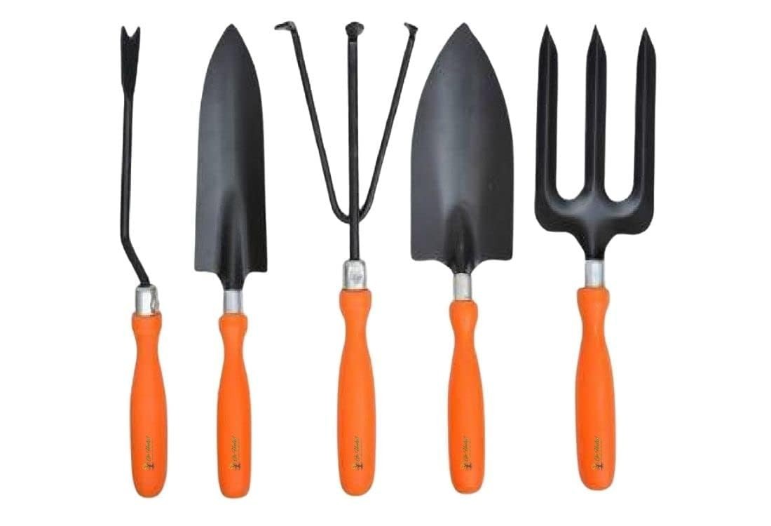 GoHooked 7-piece garden tool set with black metal heads and orange handles: trowel, cultivator, fork, shovel, and weeder.