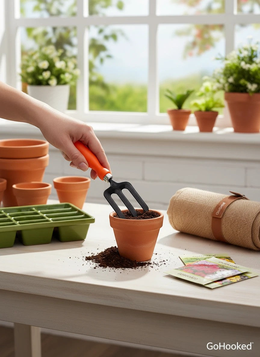 Go Hooked orange and black metal gardening fork with plastic handle, used to aerate soil in a terracotta pot.