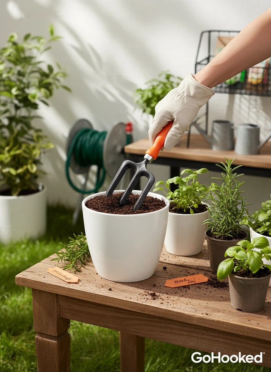 Go Hooked gardening fork with orange handle in a white pot of soil, surrounded by small potted plants.