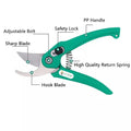 Go Hooked green ergonomic gardening pruner with sharp steel blades, safety lock, and spring. Ideal for trimming branches and stems.