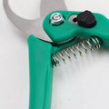 Go Hooked green and silver steel hand pruner with spring-loaded mechanism and ergonomic grip.