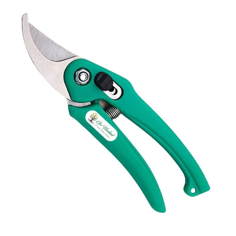 Go Hooked green ergonomic gardening pruners with steel blades and a safety latch.