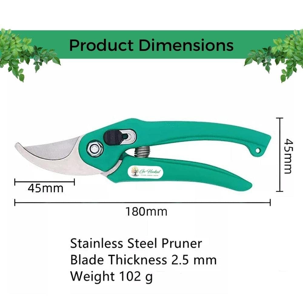 Go Hooked green ergonomic gardening pruners with stainless steel blades, 180mm length, ideal for trimming branches and stems.