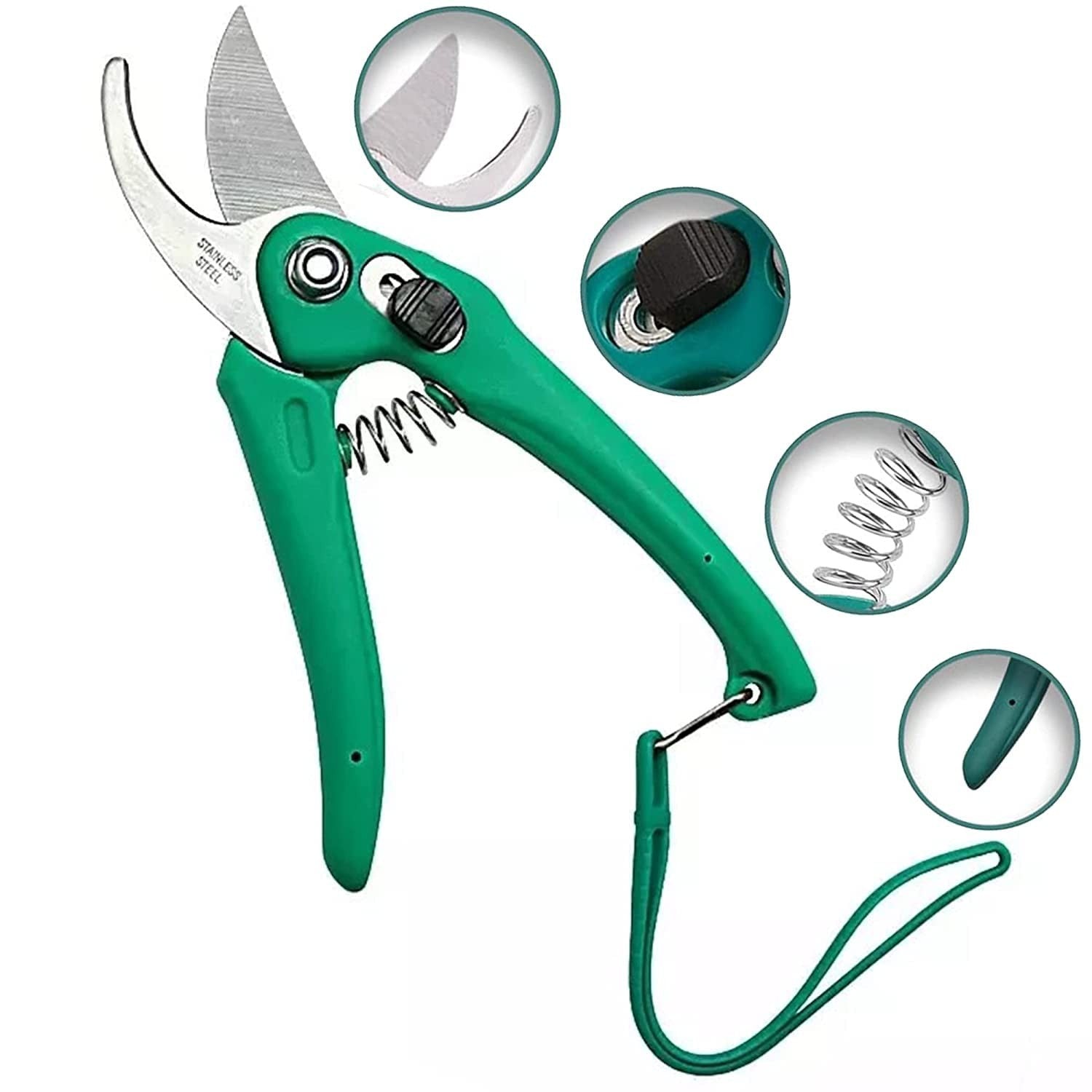 Go Hooked green ergonomic gardening pruners with stainless steel blades, featuring a safety lock and spring mechanism.