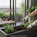 GoHooked 3-piece gardening tool set with orange and black handles, including cultivator, weeder, and fork. Metal parts are powder coated.