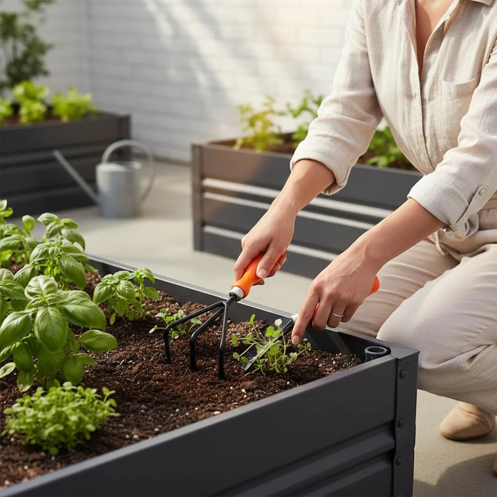 GoHooked 3-piece gardening tool set with orange handled cultivator and trowel, made of metal and plastic.
