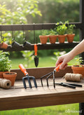 Go Hooked 5-piece gardening tool kit with orange-handled cultivator, fork, trowel, and shears. Metal parts are powder-coated.