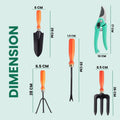 GoHooked 6-piece metal gardening tool set with orange ergonomic handles, including a trowel, cultivator, weeder, fork, and pruners.