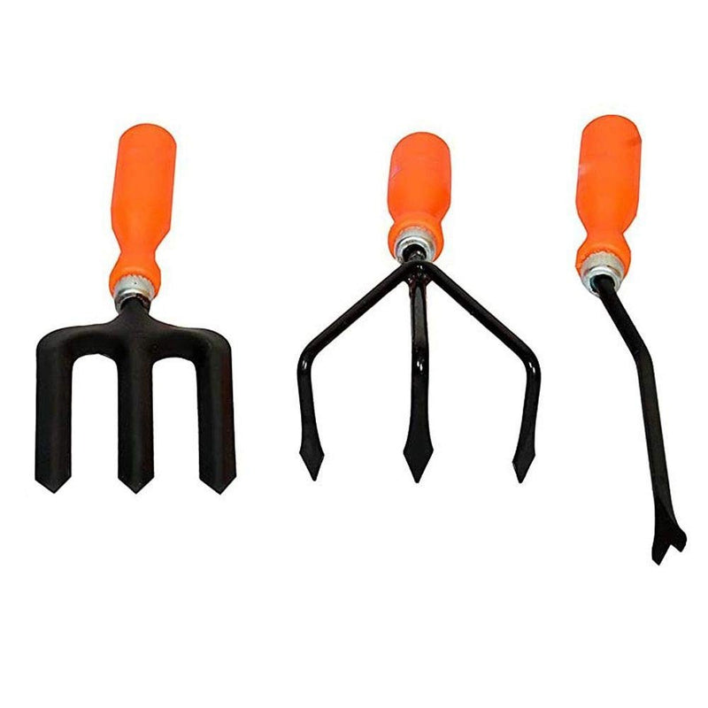 GoHooked 3-piece gardening tool set with orange handles and black metal parts: cultivator, weeder, and fork.