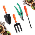 GoHooked 4-piece gardening tool set with black trowel, green pruners, black fork, and orange weeder, featuring soft orange grips.