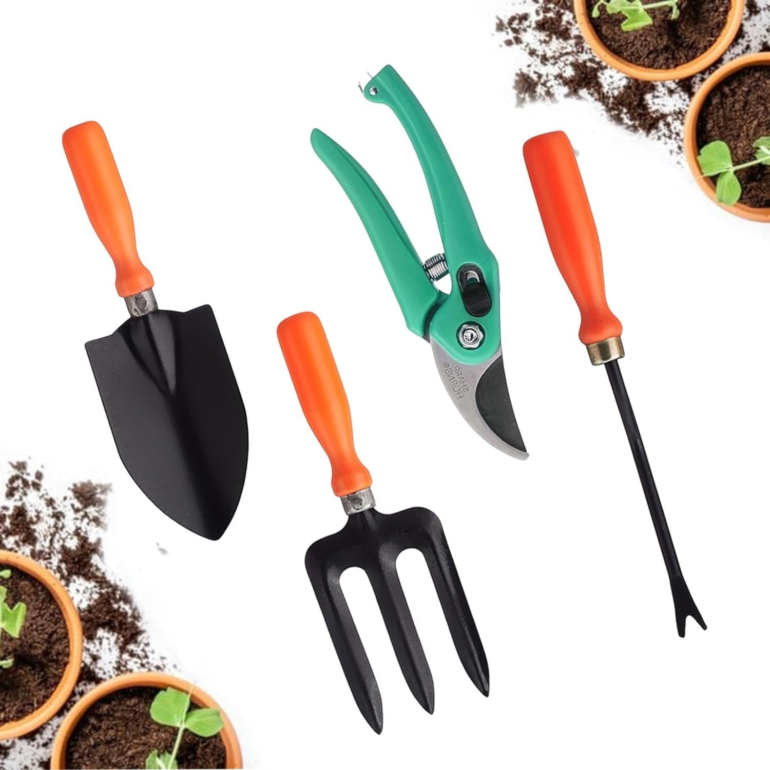 GoHooked 4-piece gardening tool set with black trowel, green pruners, black fork, and orange weeder, featuring soft orange grips.