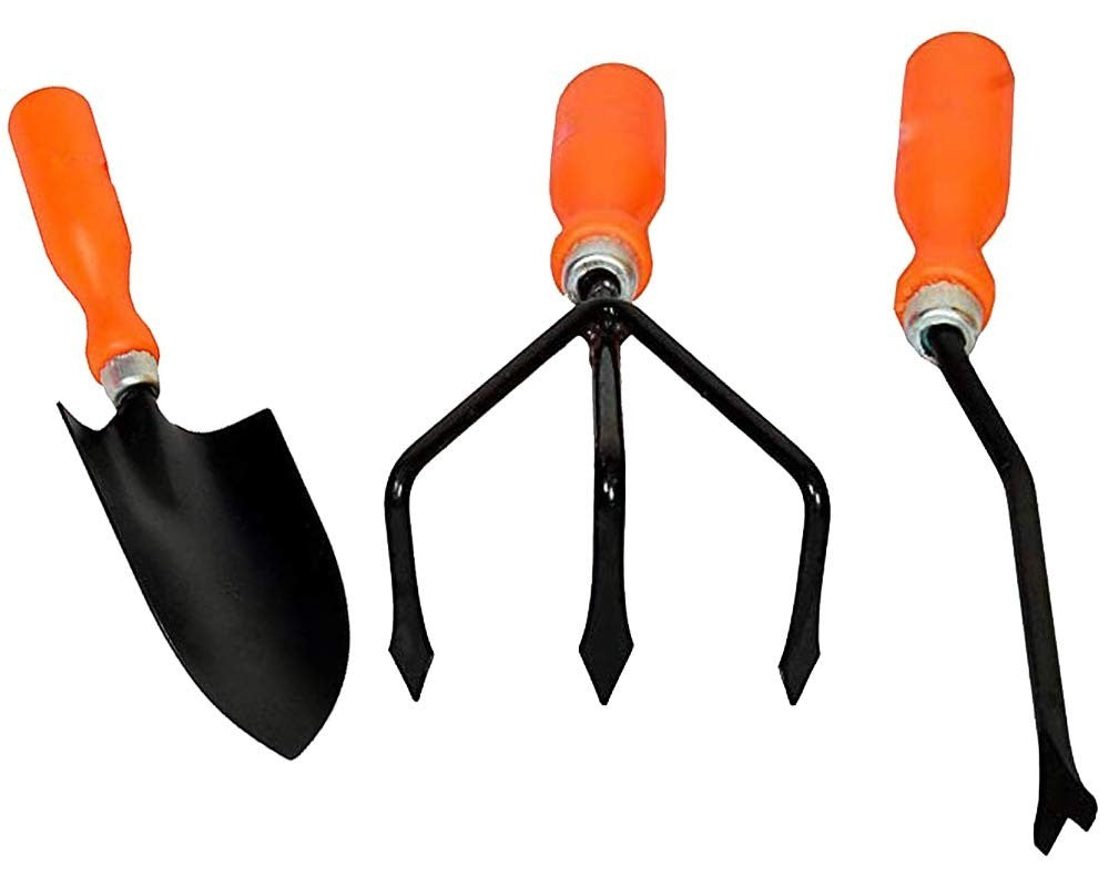 GoHooked 3-piece gardening tool set with orange plastic handles and black powder-coated metal trowel, cultivator, and weeder.
