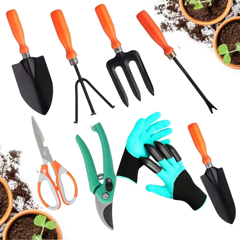 Go Hooked 8-piece gardening tool set with orange-handled trowel, cultivator, fork, transplanter, weeder, pruners, scissors, and blue gloves.