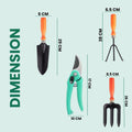 Go Hooked 4-piece gardening tool set with cultivator, fork, transplanter, and pruner. Features orange soft-grip handles and rust-resistant metal.
