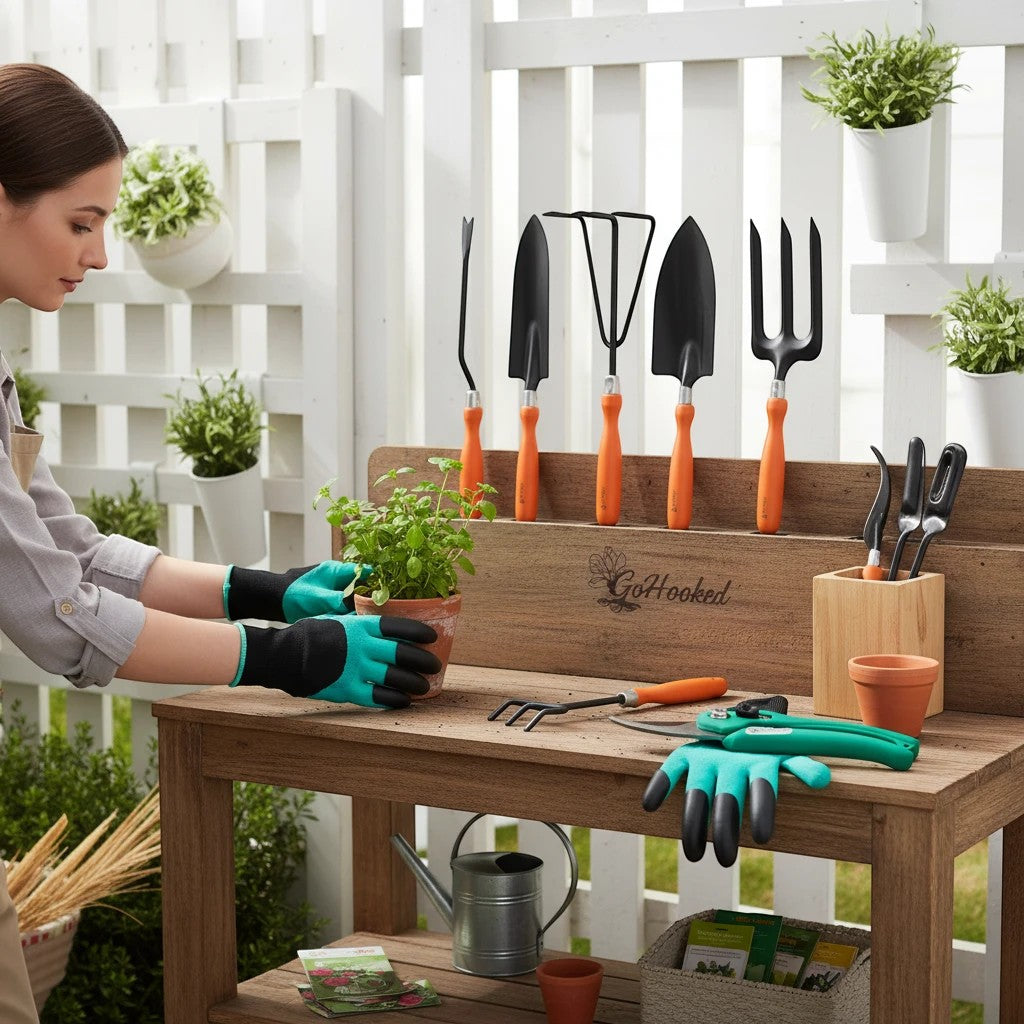 GoHooked 7-piece gardening tool set with orange handles, including gloves, pruners, cultivator, fork, shovel, trowel, and weeder.