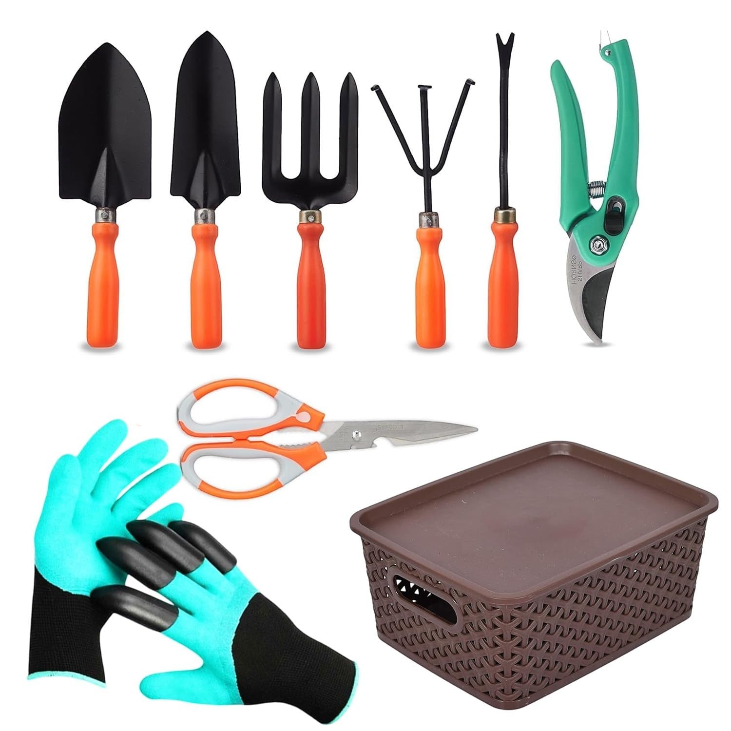 Go Hooked 9-piece gardening tool set with ergonomic orange handles, including trowels, cultivator, fork, weeder, pruner, scissors, gloves, and storage box.