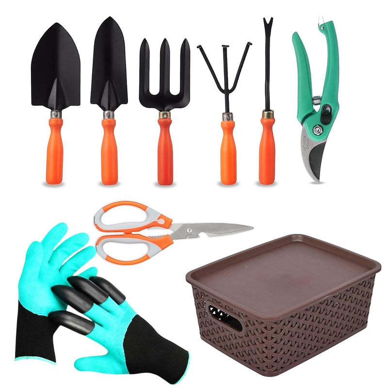 Go Hooked 9-piece gardening tool set with ergonomic orange handles, including trowels, cultivator, fork, weeder, pruner, scissors, gloves, and storage box.
