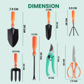 Go Hooked 8-piece gardening tool set with orange ergonomic handles, including trowels, cultivator, fork, transplanter, weeder, pruner, and scissors.