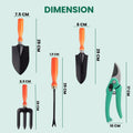 Go Hooked 5-piece gardening tool set with orange soft-grip handles: trowel, transplanter, weeder, pruner, and fork. Heavy-duty metal.