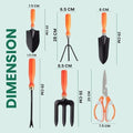 GoHooked 6-piece gardening tool set with orange soft grip handles: trowel, cultivator, fork, transplanter, weeder, and scissors.