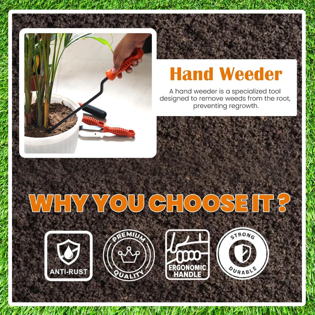 Go Hooked 4-piece metal gardening tool set with orange ergonomic soft-grip handles for weeding, transplanting, and pruning.